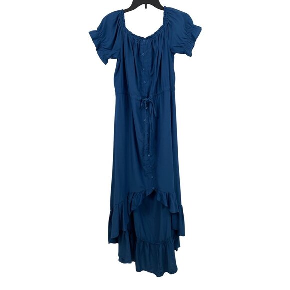 Womens Blue Off-Shoulder Maxi Dress Ruffle Sleeves & Button Front Closure Large - Picture 1 of 9